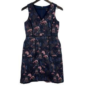 Ann Taylor 2P Petite Jacquard Sheath Mini Floral Dress Blue Pink Pockets